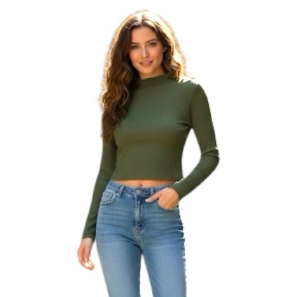 Olivia Rae Army Green Long Sleeve Ribbed Mock Neck Cropped Top Size Medium - Picture 2 of 9